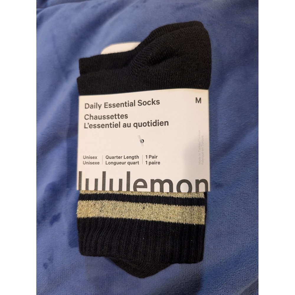 Lululemon Daily Essential Socks Black Gold Quarter Length Striped NWT - Size M